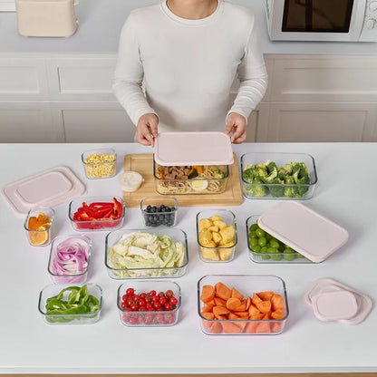 Set of Dura Living glass food storage containers with berry blush lids, 12 pieces in mixed 25.35oz and 40.57oz sizes, airtight.