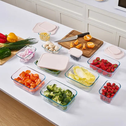 Dura Living 12-piece glass food storage set with berry blush lids, includes various sizes of airtight containers for kitchen storage.