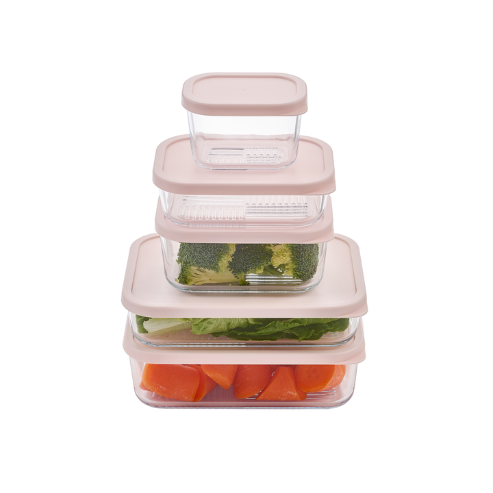 Set of four Dura Living glass food storage containers with lids in berry blush, each holding 57.5oz, ideal for airtight kitchen storage.