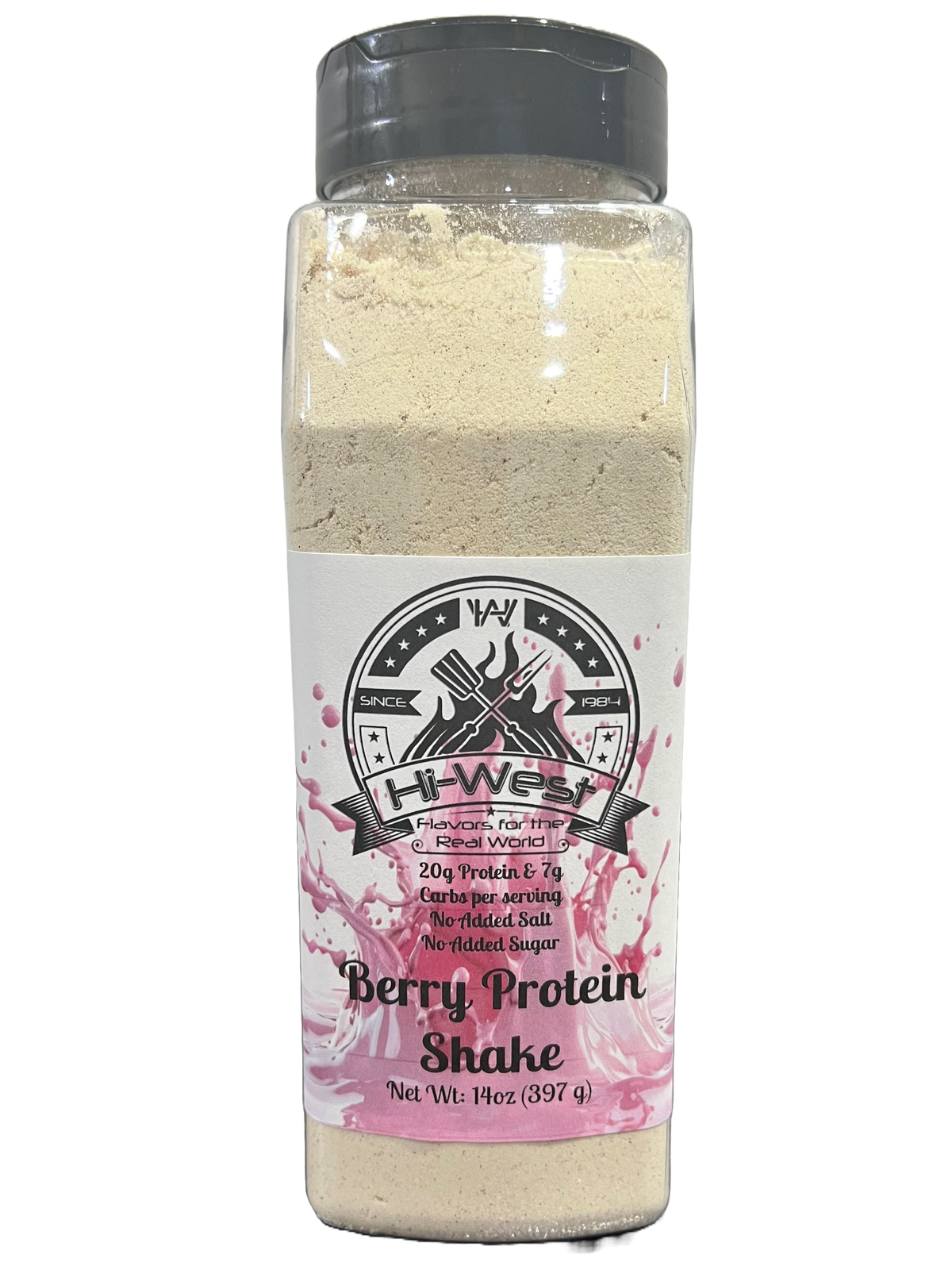 Creamy Hi-West Berry Protein Shake in a clear glass, showcasing vibrant berry flavor with a smooth texture.