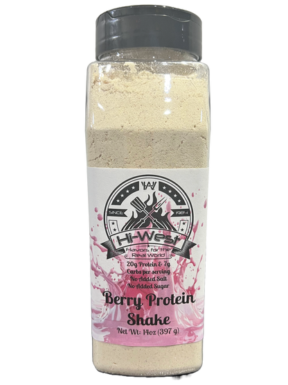 Creamy Hi-West Berry Protein Shake in a clear glass, showcasing vibrant berry flavor with a smooth texture.