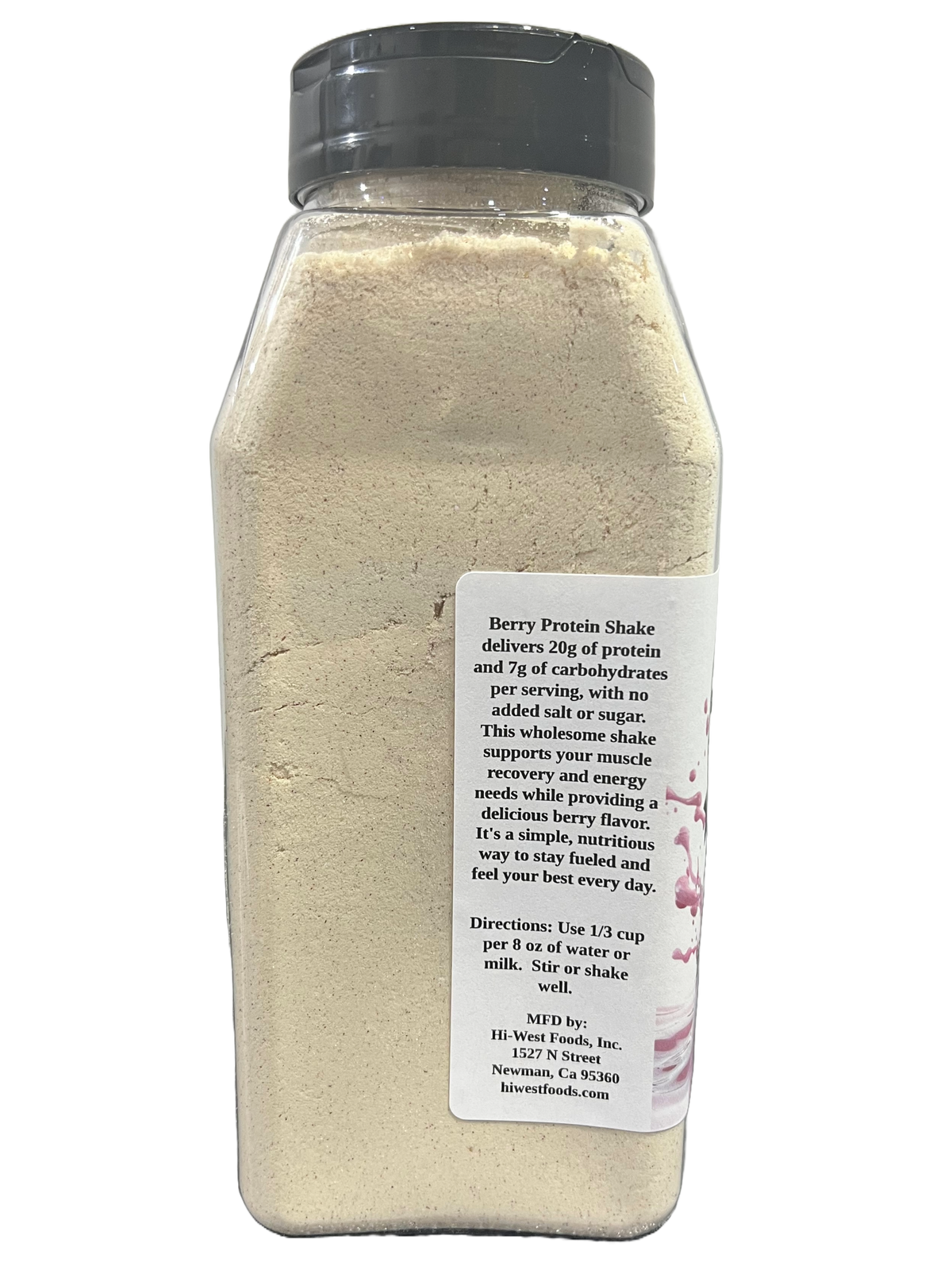 Creamy Hi-West Berry Protein Shake in a glass with fresh berries, showcasing the nutritious protein drink from Hi-West Foods.