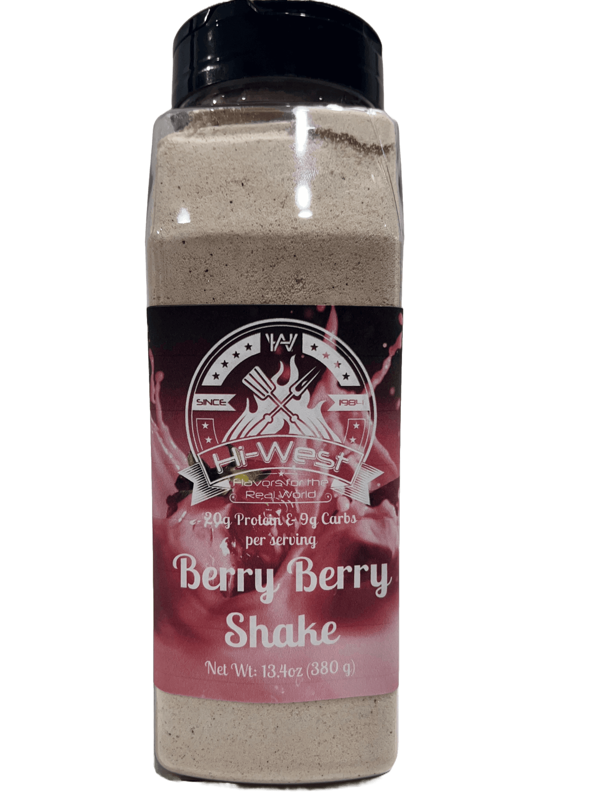 Hi-West Berry Berry Protein Smoothy in a glass with fresh berries and a straw, showcasing a delicious protein shake.