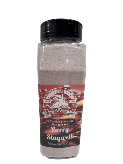 Hi-West Berry Staywell Drink Mix in a clear container, showcasing the vibrant berry flavor and packaging for pet hydration.