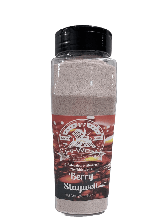 Hi-West Berry Staywell Drink Mix in a clear container, showcasing the vibrant berry flavor and packaging for pet hydration.
