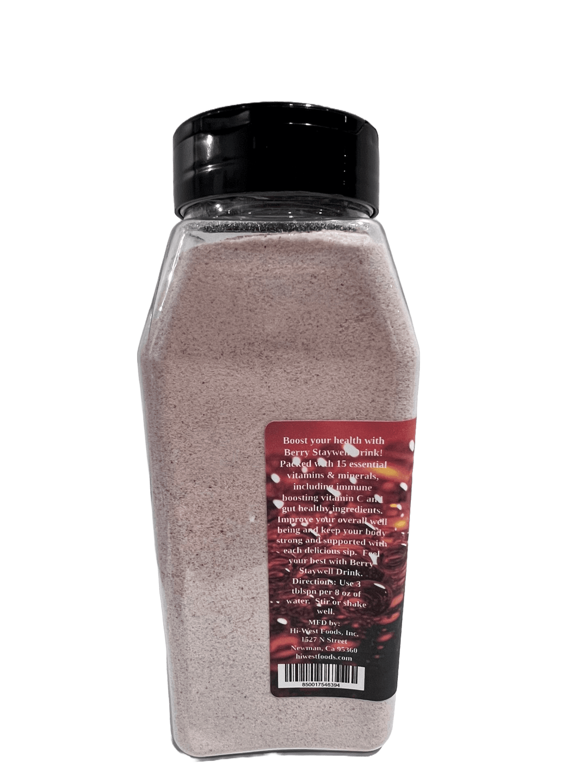 Hi-West Berry Staywell Drink Mix in a container, showing the colorful label with berry graphics and product branding.