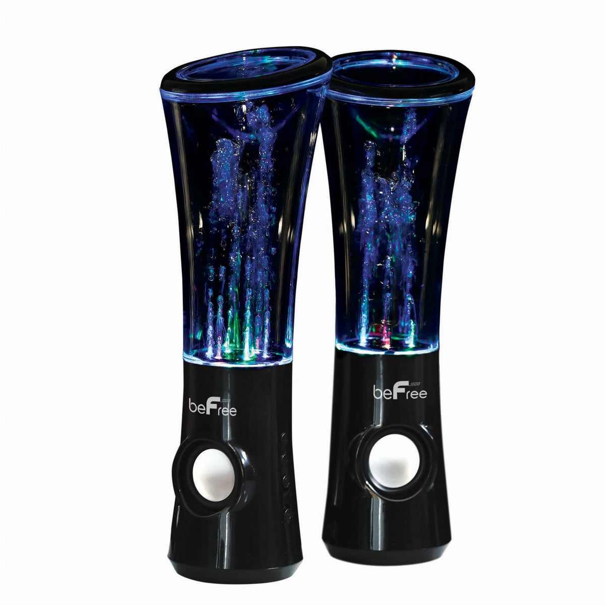 BEFREE SOUND multimedia stereo speaker with sound-reactive color-changing LEDs and dancing water display for Bluetooth connection.