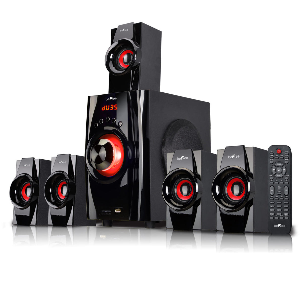 BeFree Sound 5.1 channel surround sound Bluetooth speaker system in red, with multiple speakers and control panel for home audio.