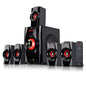 BeFree Sound 5.1 channel surround sound Bluetooth speaker system in red, with multiple speakers and control panel for home audio.