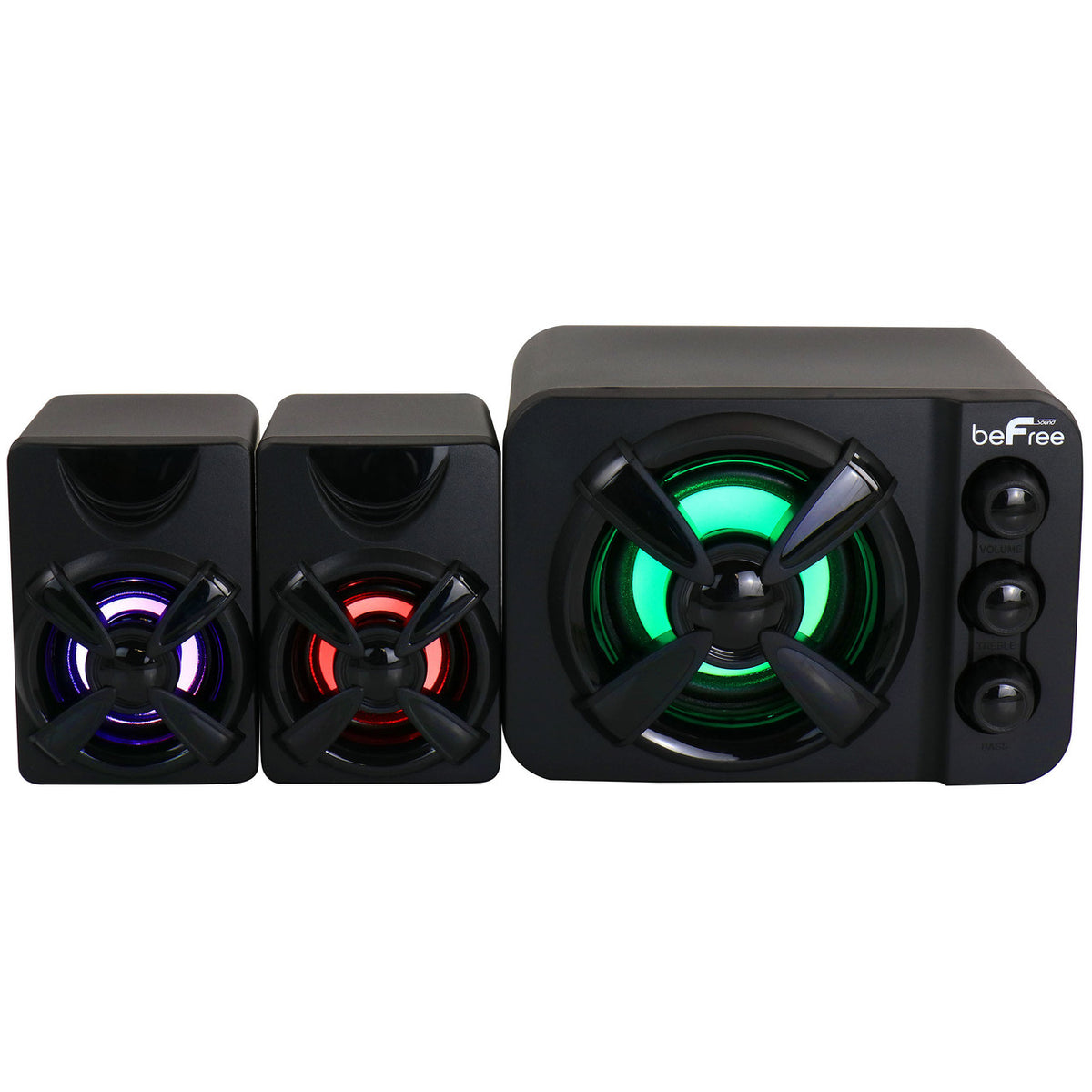 BEFREE SOUND beFree Sound Color LED 2.1 Gaming Speaker System with stereo speakers and colorful LED lights.