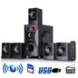 Black BEFREE SOUND 5.1 channel surround sound Bluetooth speaker system for home stereo setup, with multiple speakers and subwoofer.