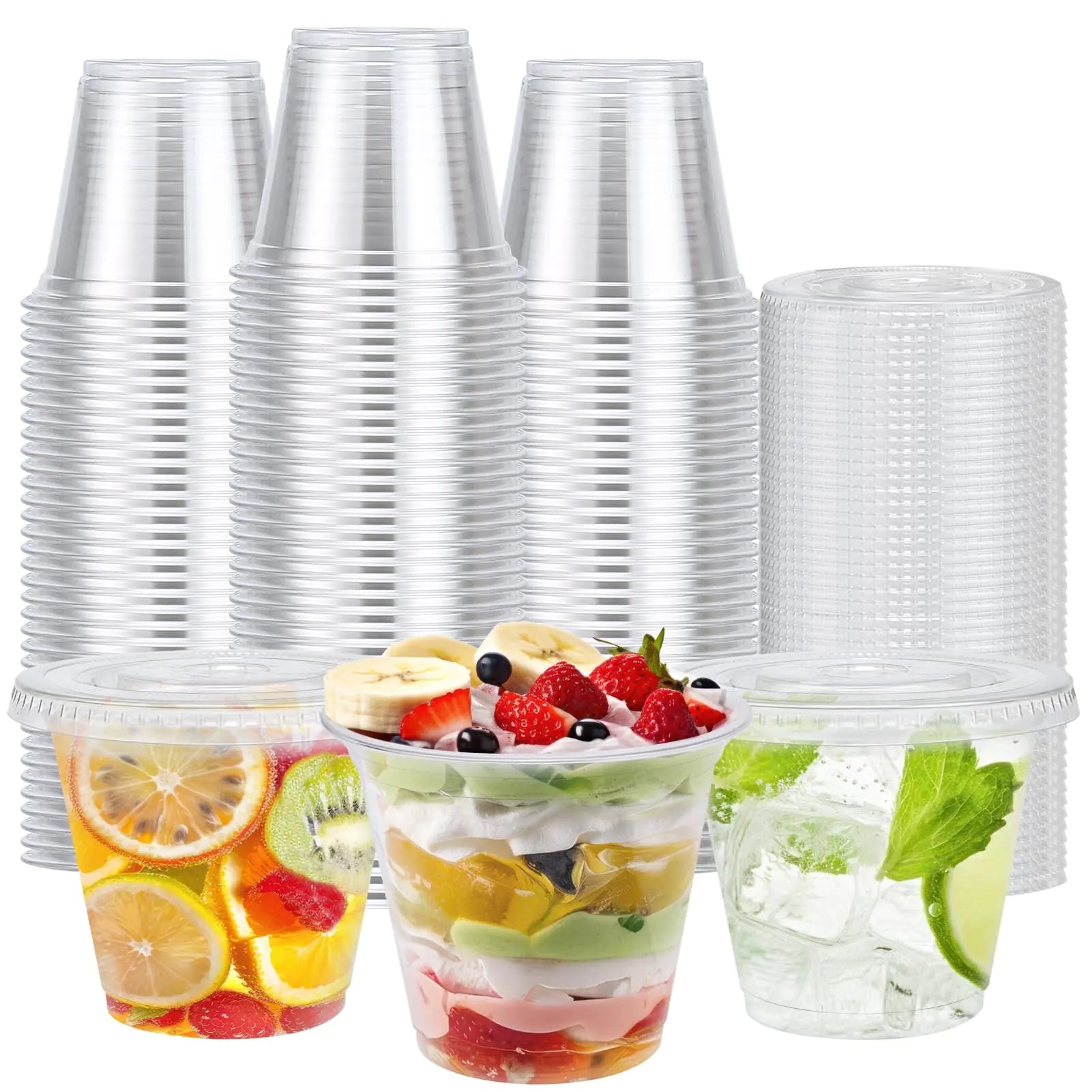 BYSNOW 100 Packs Plastic Cups with Lids 9 OZ Clear Plastic Cups with Flat Lid Hole Dessert Cups Disposable Cups for Cold Drink Ice Cream Pudding Cake Snacks