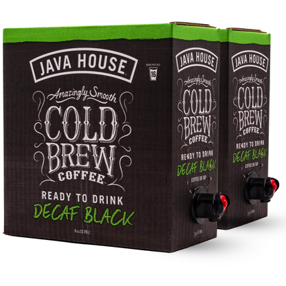 Decaf cold brew coffee on tap from Java House, served in a glass with ice, showcasing a smooth, dark beverage.