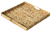 Square Ottoman Table Tray 19.7" with Handles - Water Hyacinth Wicker Serving Tray for Farmhouse Decorative Oversized Coffee Table Trays Living Room Kitchen Counter Breakfast (Flush Edge)