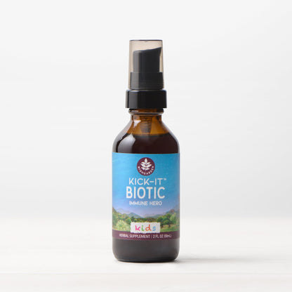 Kids' Kick-It Biotic immune supplement by WishGarden Herbs, featuring colorful packaging with kids-friendly design and herbal ingredients.
