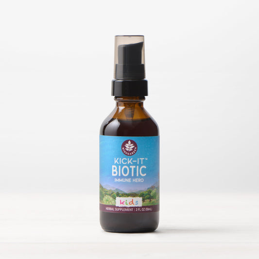 Kids' Kick-It Biotic immune supplement by WishGarden Herbs, featuring colorful packaging with kids-friendly design and herbal ingredients.
