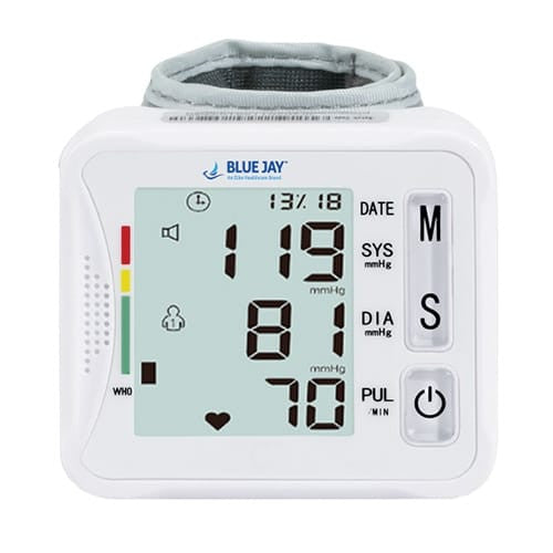 Blue Jay brand wrist blood pressure monitor with case, compact design, and digital display for easy health tracking.