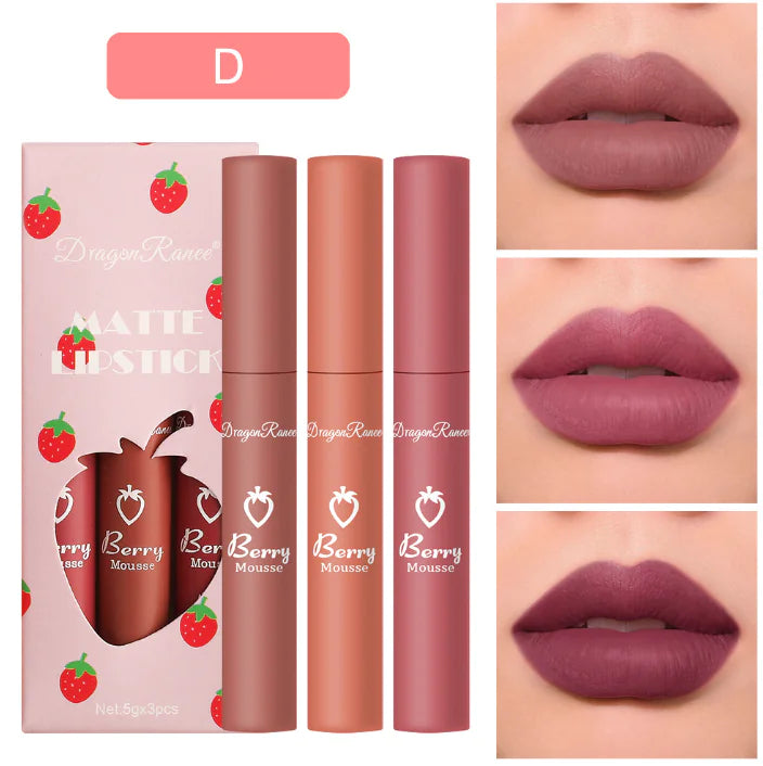 3 Pcs Strawberry Velvet Lip Glaze Set - Hydrating Matte Colors for Every Style