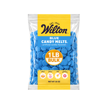 Blue Wilton confectionery melting wafers for chocolate, 1lb bulk bag from Candy In Bulk, showing smooth blue chocolate wafers.