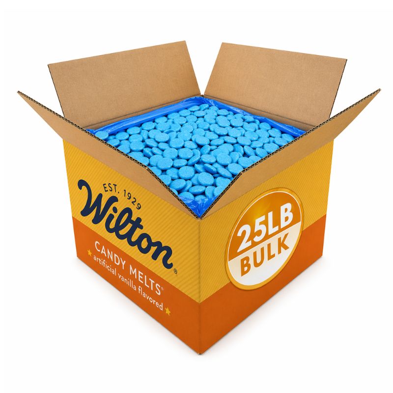 Blue Wilton chocolate confectionery melting wafers in bulk value bag from Candy In Bulk, perfect for decorating desserts.