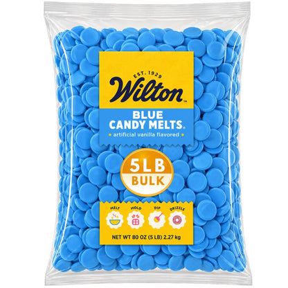 Blue Wilton chocolate confectionery melting wafers in a 5lb bulk bag by Candy In Bulk, perfect for decorating and coating treats.