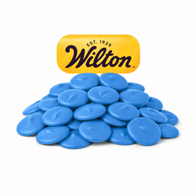 Blue Wilton chocolate confectionery melting wafers in bulk bag, perfect for decorating and candy making.