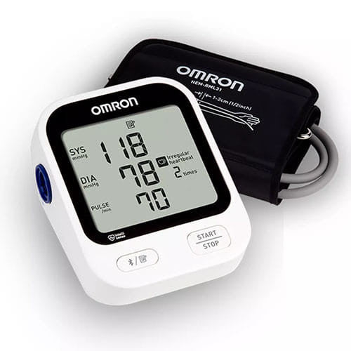 Wireless Upper Arm Blood Pressure Monitor by BACKUPMYFILESNOW® showing digital display and cuff on a person's arm.
