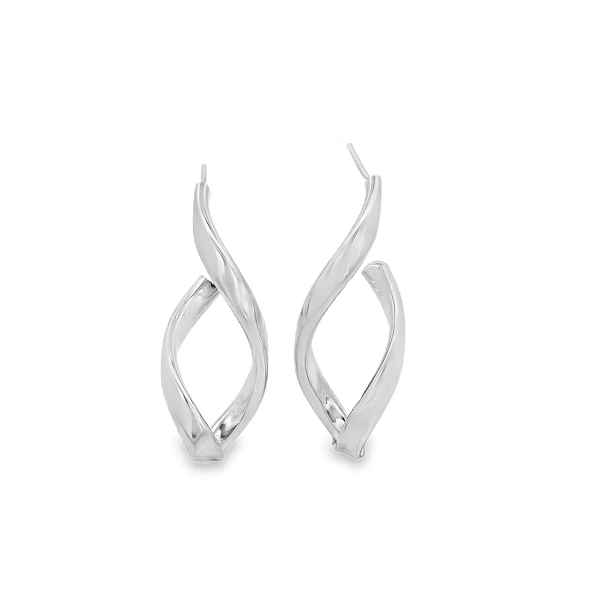 Rhodium finish Twist Infinity Dangle Earrings by MIA Jewelry featuring sleek, intertwined loop design with dangling style.