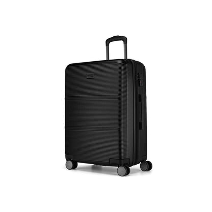 Black Brussels Medium Check-in luggage from Bugatti Travel, featuring sturdy wheels and a sleek hard shell design.