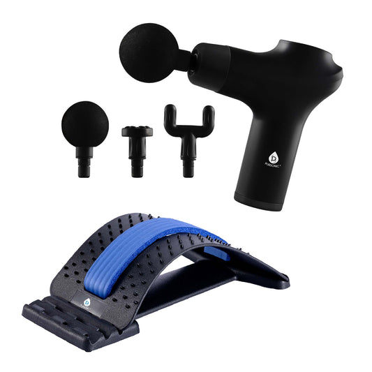 Pursonic Relax & Restore bundle with black back stretcher and black 3-speed massage gun, showcasing ergonomic design and adjustable settings.