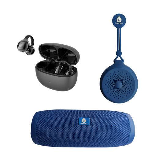 Pursonic Total Audio Freedom Collection with wireless earbuds, extended-play 360° speaker, and waterproof suction speaker in black