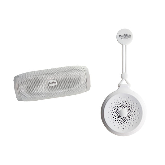 Pursonic waterproof wireless speaker bundle with sleek white design, showcasing 360° Hi-Res sound capability for outdoor use.