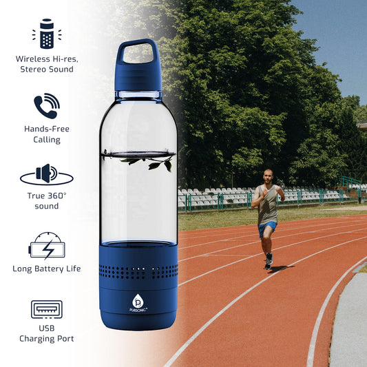 Pursonic 2-in-1 water bottle with built-in wireless speaker, featuring a sleek design and bottle cap with speaker grille.
