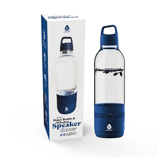 Pursonic 2-in-1 water bottle with built-in wireless speaker, clear view of the sleek water bottle and integrated speaker.