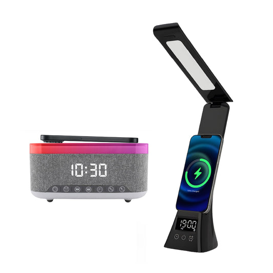 Pursonic 2-in-1 wireless charging alarm clock speaker with LED desk lamp, combining charging, illumination, and audio functions.