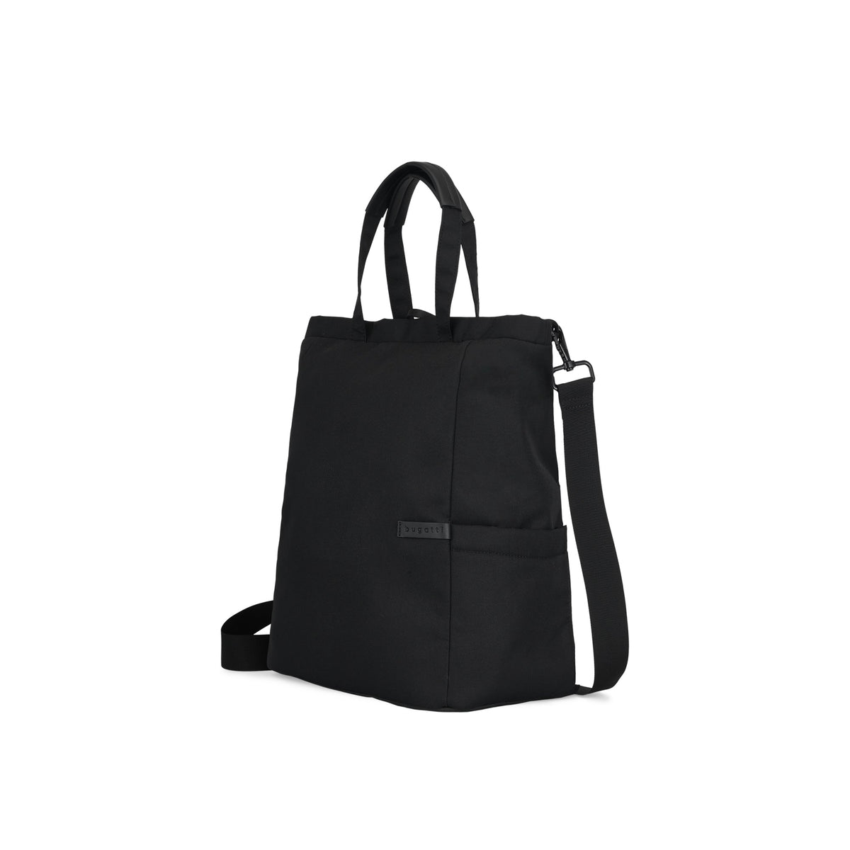 Black Madison convertible tote bag by Bugatti Collections with angled strap and sleek design.