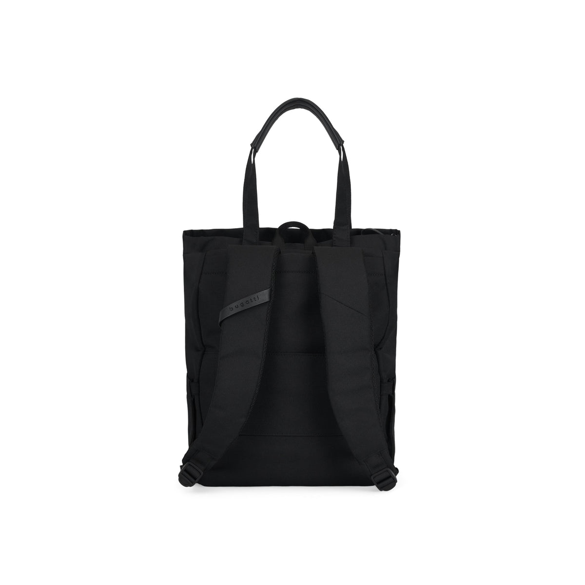 Black Madison Convertible Tote Bag by Bugatti Collections with adjustable straps and spacious interior, shown from the back.
