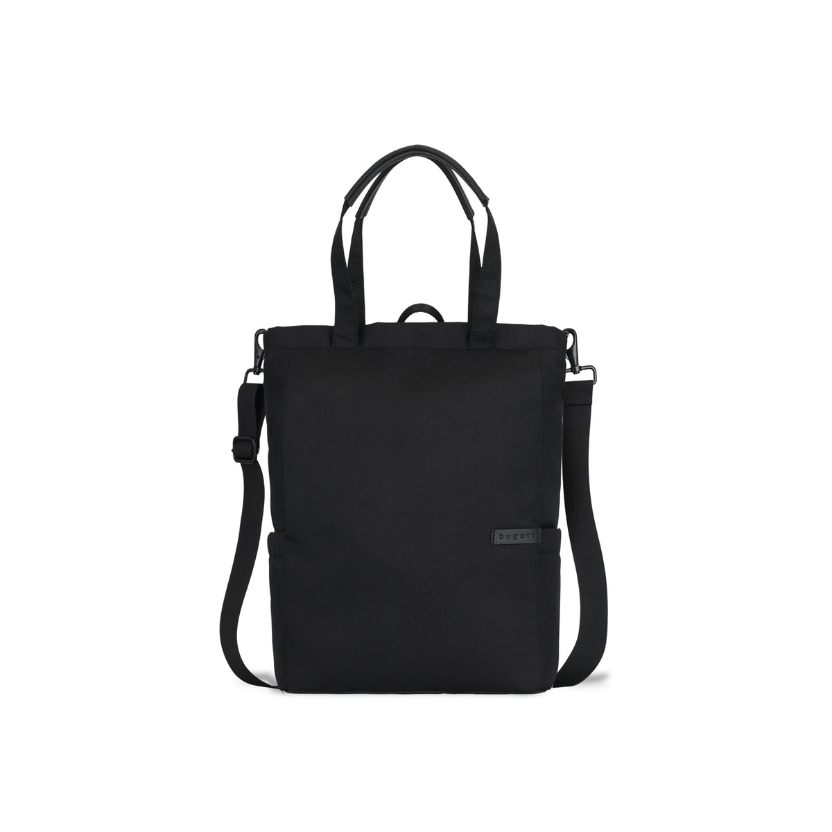 Black Madison Convertible Tote Bag by Bugatti Collections, front view showing straps and sleek design.