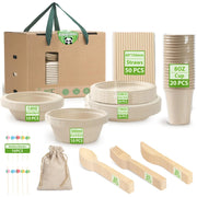 200pcs Compostable Paper Plates Set Eco-friendly Heavy-duty Disposable Paper Plates Cutlery Utensils Bamboo Paper Plates Bowls Forks Knives Spoons Cups Straws fruit sticks for Wedding Party Picnic