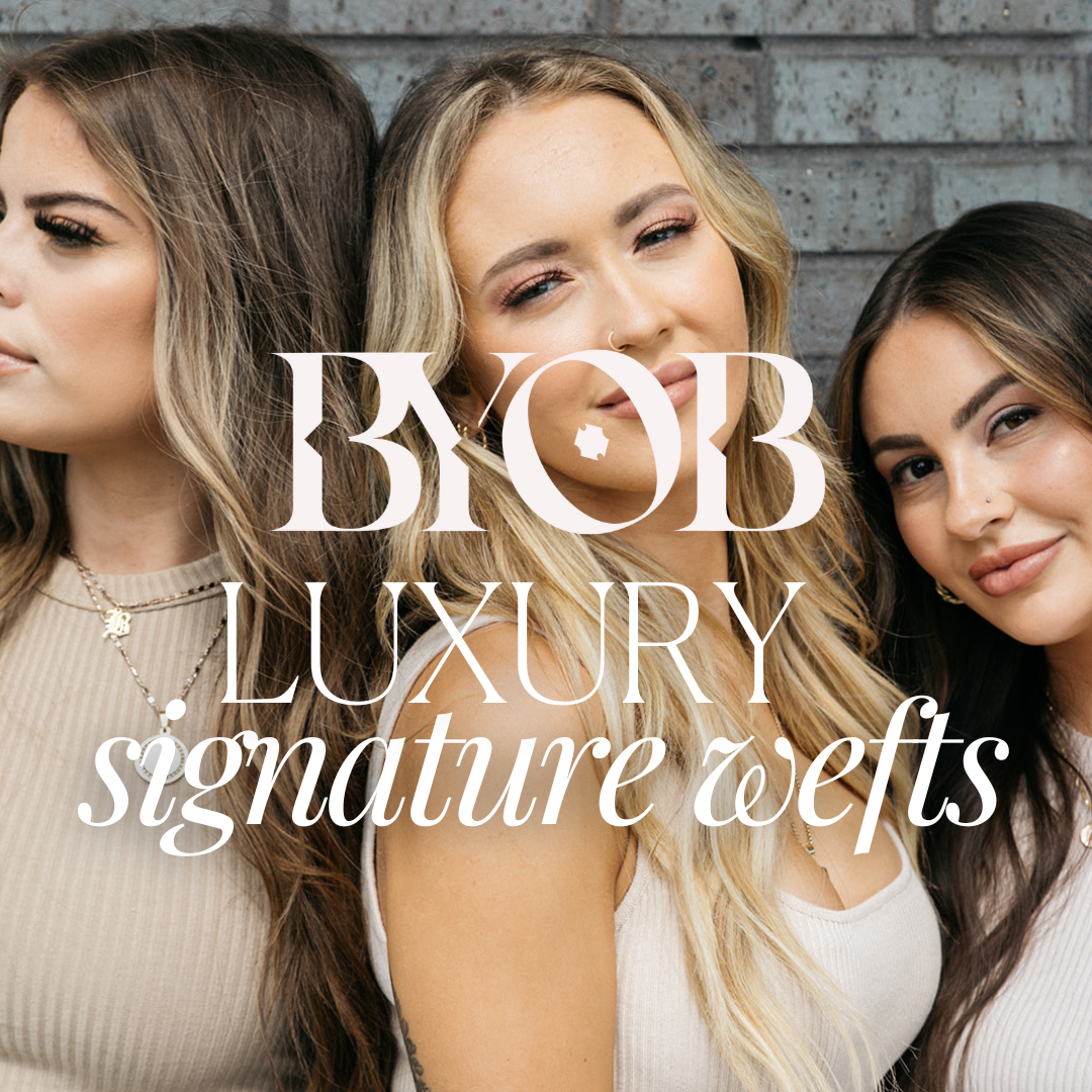 Luxury Signature Weft Collection by Rachel Paige XO, showcasing high-quality hair wefts with a sleek, natural finish.