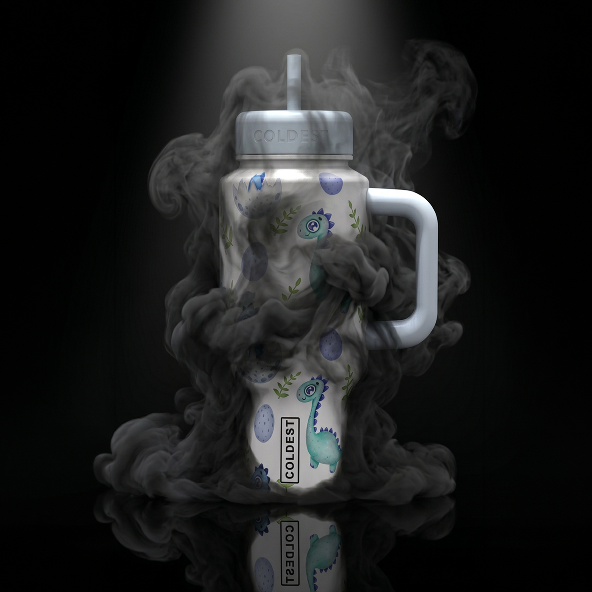 Coldest 6.7oz stainless steel water bottle featuring a colorful baby dinosaur design on a white background.