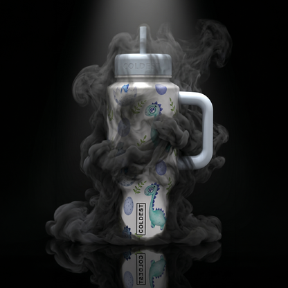Coldest 6.7oz stainless steel water bottle featuring a colorful baby dinosaur design on a white background.
