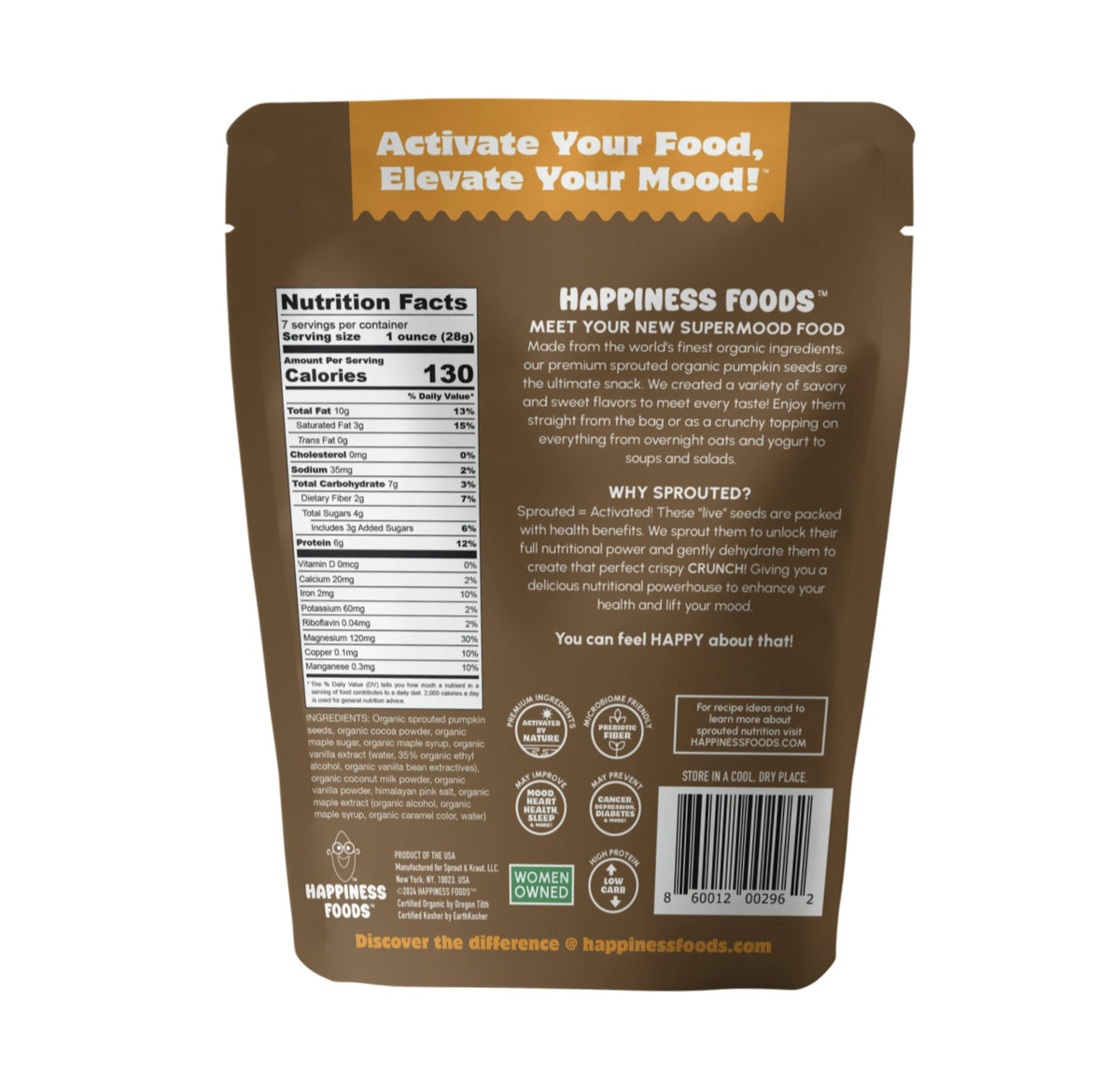 Back view of vanilla cacao product by happinessfoods.com, featuring a jar with vanilla and cacao ingredients on a rustic wooden surface.