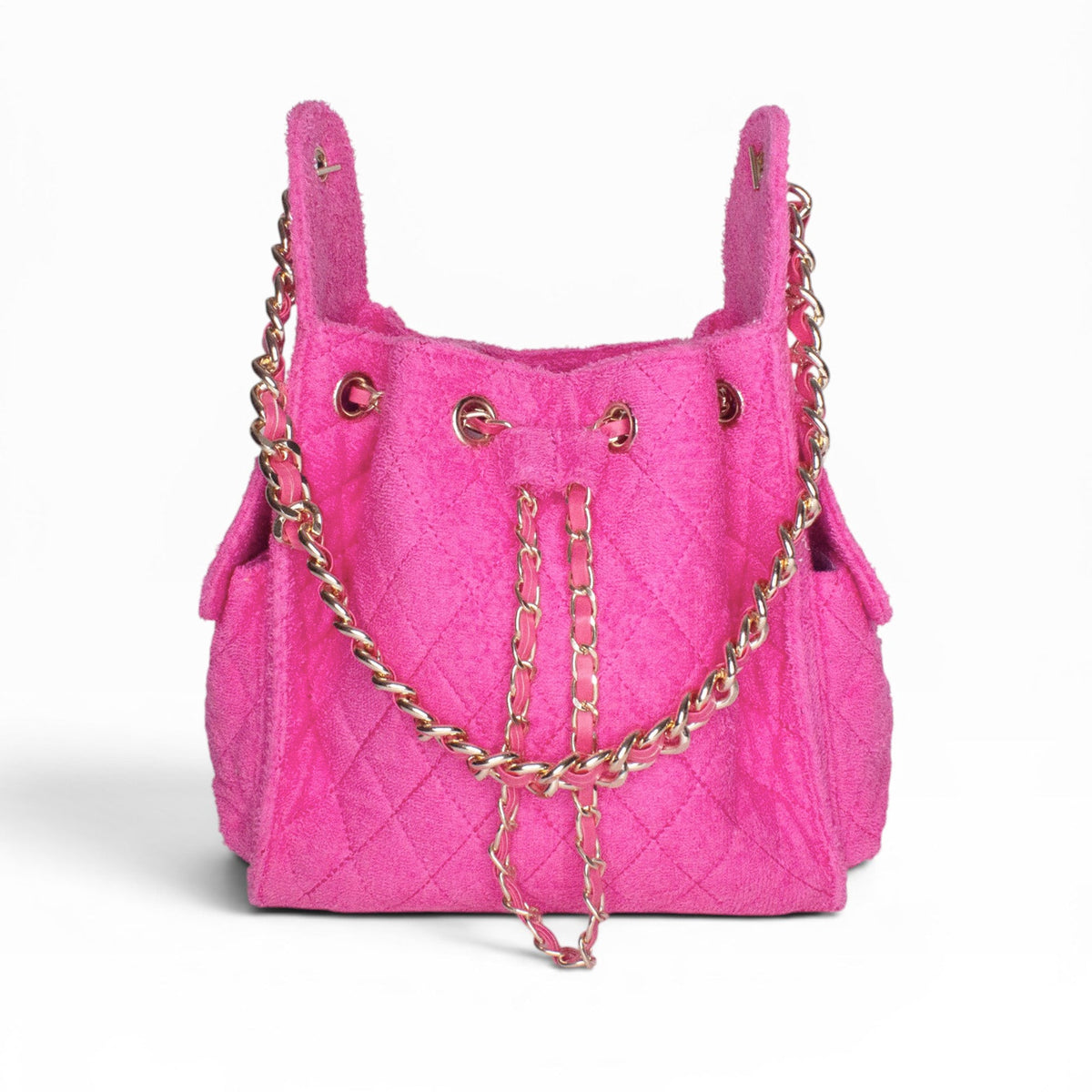 Small Bayshore Bucket in fuchsia by BEACH HAUS, featuring a vibrant, colorful fabric bag with a drawstring closure and casual style.