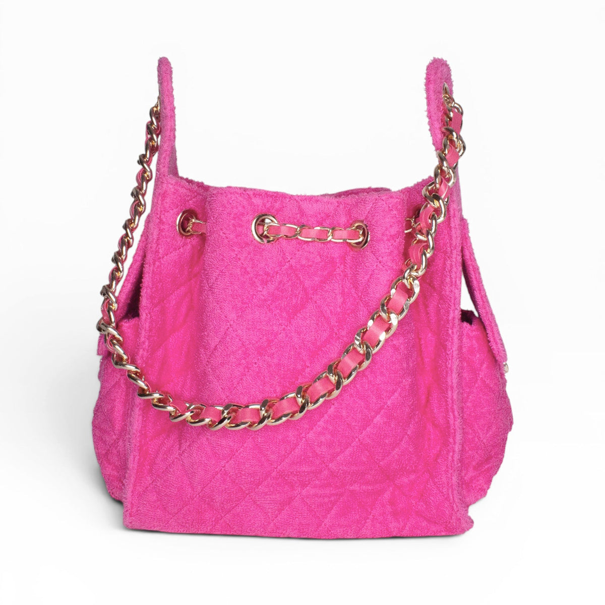 Small fuchsia Bayshore Bucket bag by BEACH HAUS with woven texture and sturdy handle, perfect for casual outings.