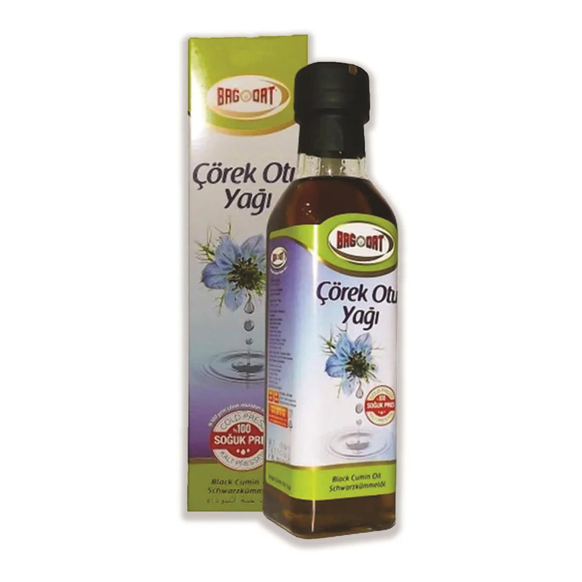 Bottle of Bagdat Black Cumin Oil from S101, 250ml, showcasing dark glass container with black cumin seeds in oil.