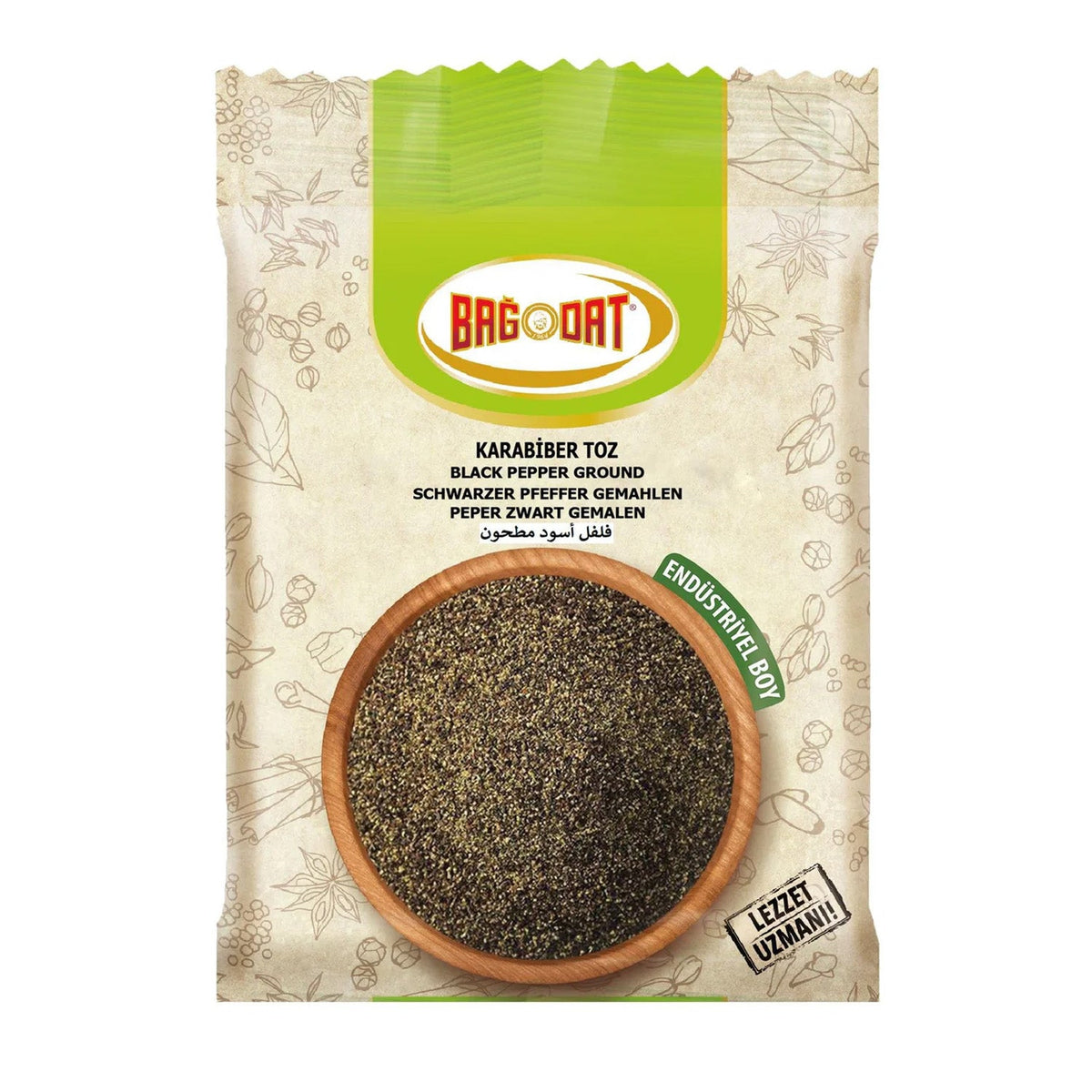 Ground black pepper from Bagdat in a 500g S101 spice bag, used for seasoning and cooking.