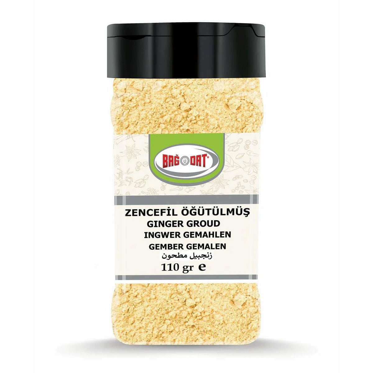 Ground Bagdat ginger from S101, 110g, in a clear spice jar, showing the light brown powdered ginger seasoning for culinary use.