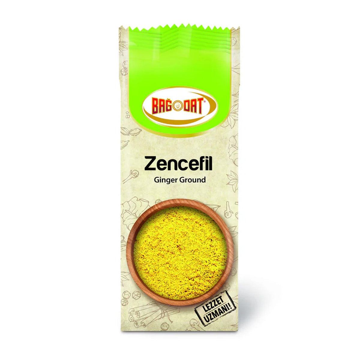 Ground ginger spice in a S101 Bagdat 60g packet, natural light highlighting the textured, finely ground ginger seasoning.