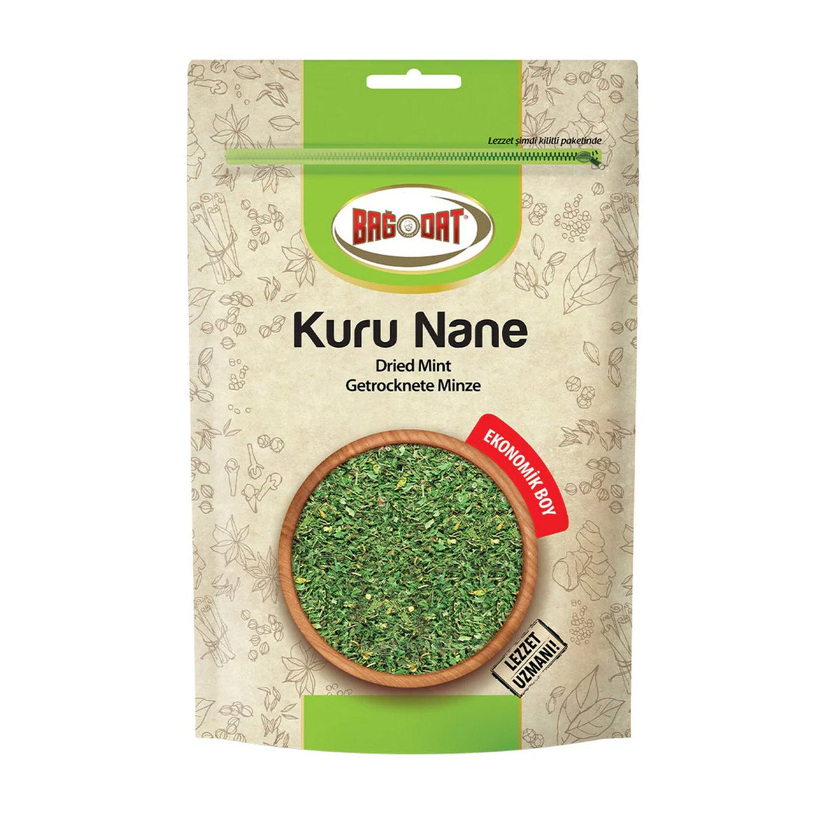 S101 Bagdat Mint 70G mixed spices and seasonings in a clear package, showcasing fresh green mint leaves and herbs.